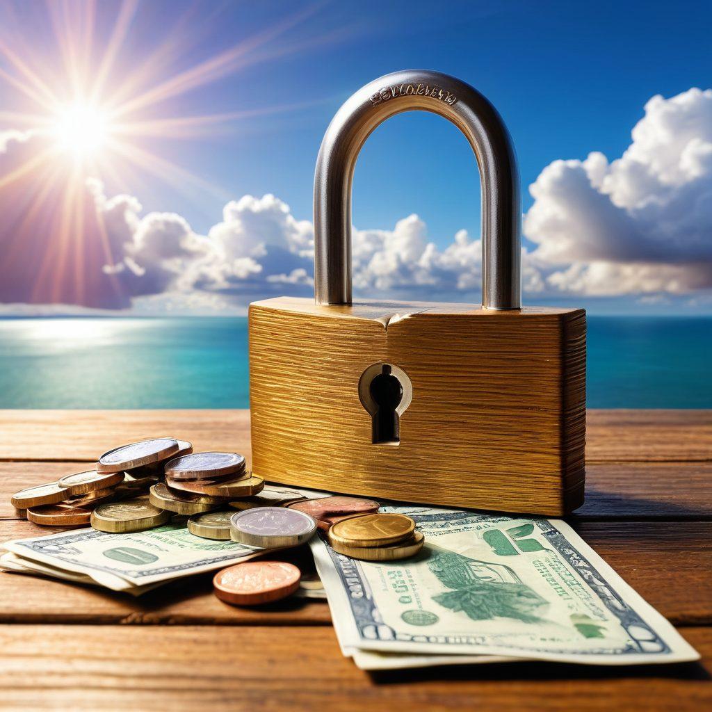 An open padlock symbolizing financial freedom, surrounded by colorful coins and stacks of money, sitting atop a wooden table. In the background, a bright sky with clouds morphing into checklists and budgeting sheets. Incorporate diverse individuals happily discussing personal finance tips. Emphasize a sense of empowerment and optimism. vibrant colors. super-realistic.