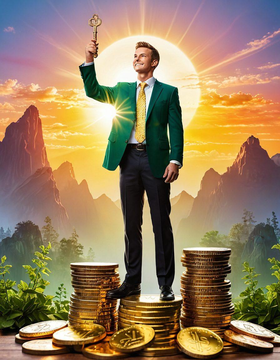 A confident individual standing atop a stack of coins, holding a golden key symbolizing financial freedom. Surrounding them are vibrant graphs and charts illustrating a rise in wealth, with lush green plants representing growth and prosperity. A bright sun is rising in the background, signifying hope and a new beginning. super-realistic. vibrant colors. white background.