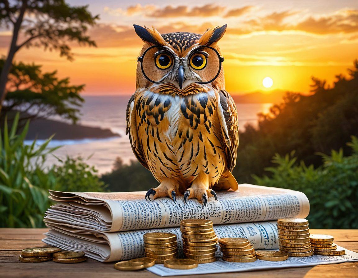 A wise owl perched on a stack of golden coins, wearing glasses and reading a financial newspaper. In the background, a serene sunset casts warm hues over a graph showing increasing trends, with greenery symbolizing growth and prosperity. The scene should convey wisdom, wealth, and a sense of future planning. super-realistic. vibrant colors. peaceful atmosphere.